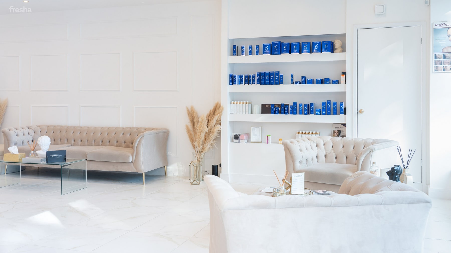 Waiting area and skincare shelves at the Chichester clinic